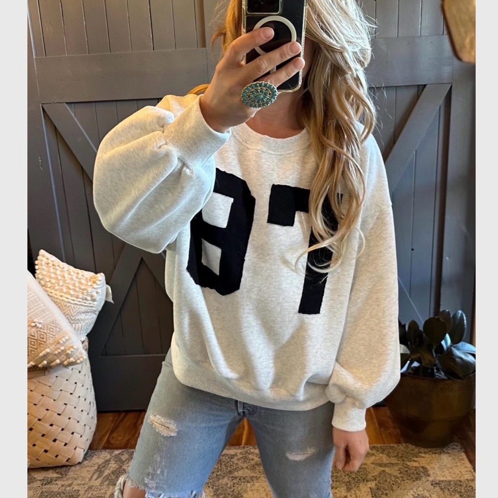 Varsity Letter Cozy Oversized Cozy Grey Sweatshirt Top Sweater - Picture 4 of 8